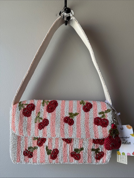Hand Crafted Handbags - Made in India Beaded Cherry Shoulder Bag with cherry bag clip